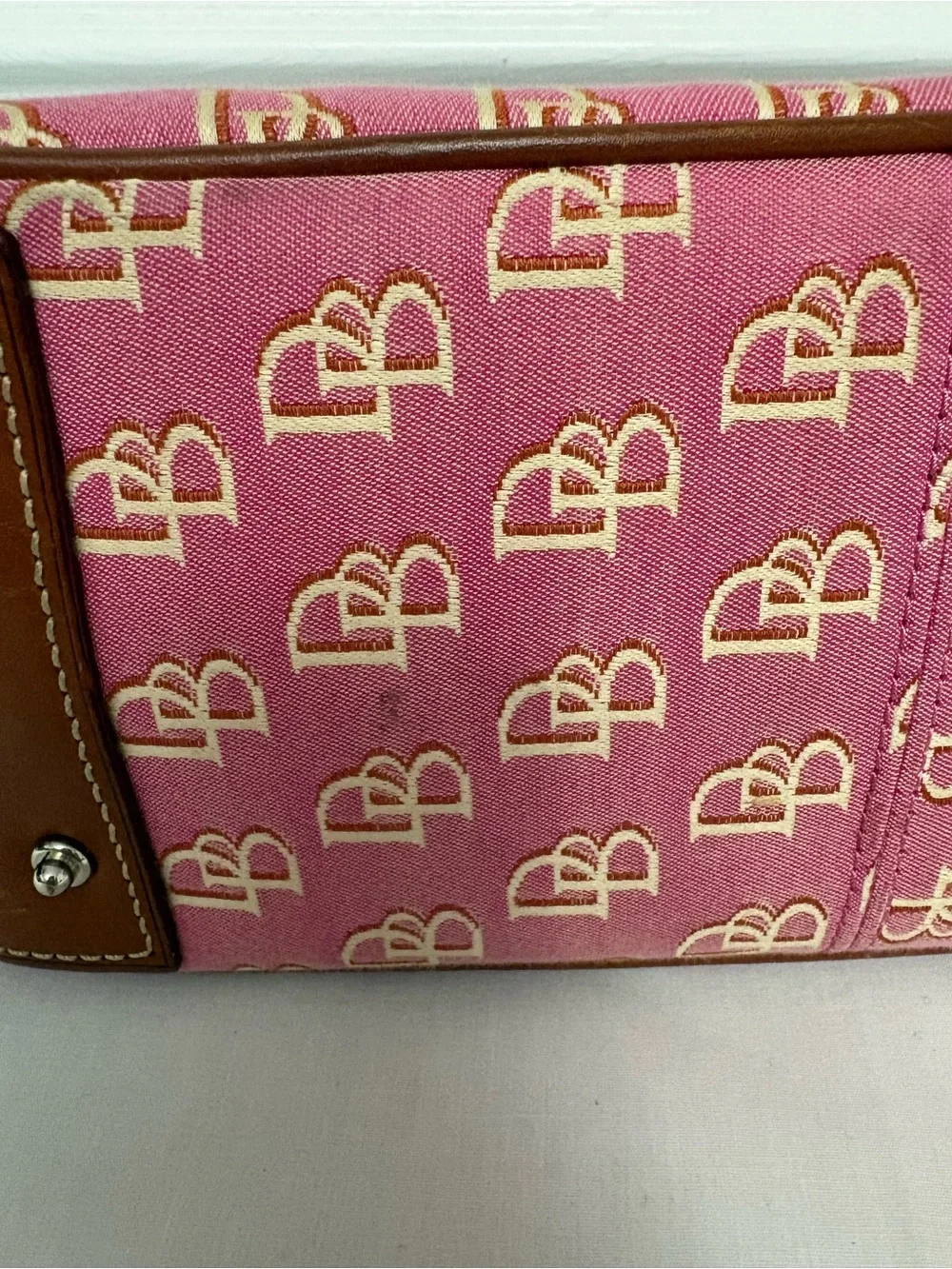 Dooney & Bourke Pink Logo Satchel with Brown Leather Trim